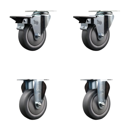 Service Caster 4'' Thermo Rubber Wheel Swivel Top Plate Caster Set with 2 Posi Brakes 2 Rigid, 4PK SCC-20S414-TPRB-PLB-2-R-2